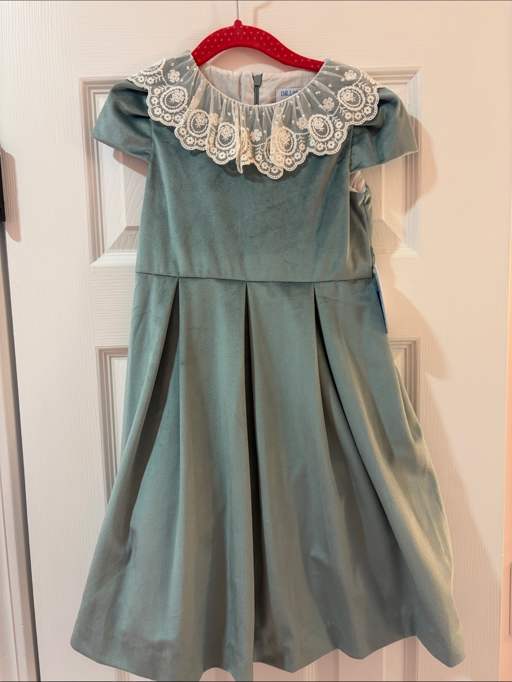 Luli & Me Sage Green Dress with Cream Lace Peter Pan Collar